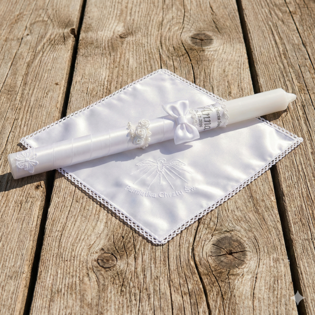 Biały zestaw do Chrztu – świeca z imieniem i datą oraz haftowana szatka