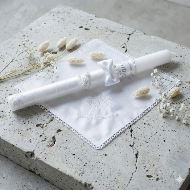 Biały zestaw do Chrztu – świeca z imieniem i datą oraz haftowana szatka