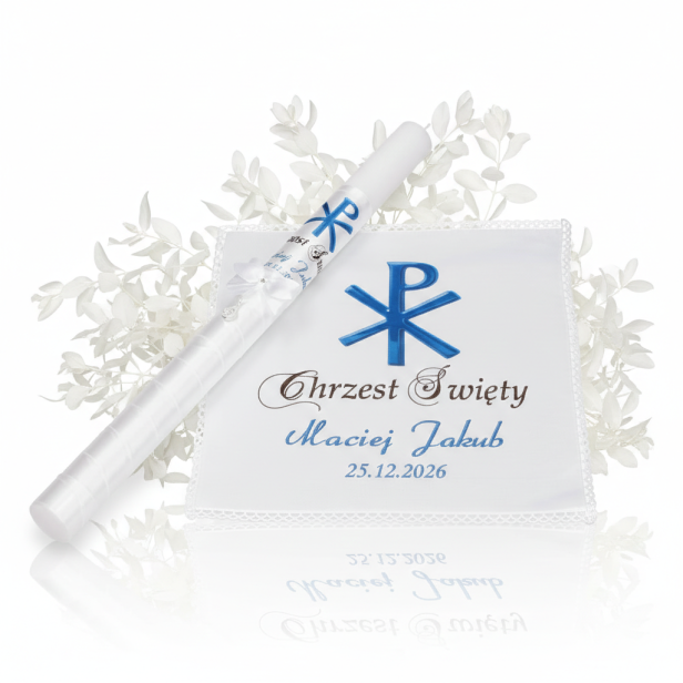 Świeca i Szatka CHRYSTOGRAM ☧ Światło Wiary – Błękit Liturgiczny