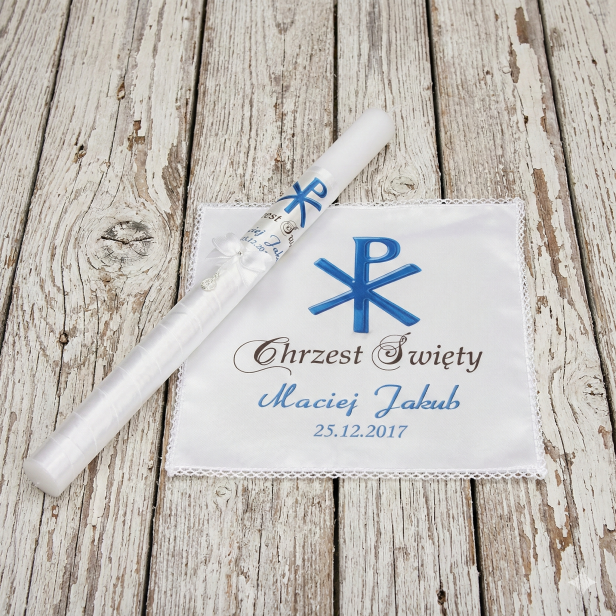 Świeca i Szatka CHRYSTOGRAM ☧ Światło Wiary – Błękit Liturgiczny