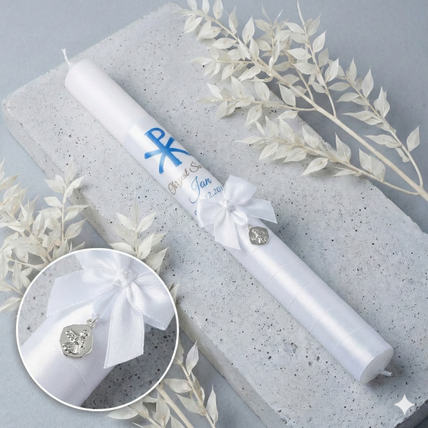 Świeca i Szatka CHRYSTOGRAM ☧ Światło Wiary – Błękit Liturgiczny