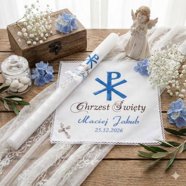 Świeca i Szatka CHRYSTOGRAM ☧ Światło Wiary – Błękit Liturgiczny