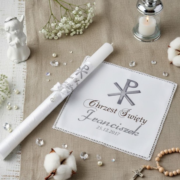 aranżacja Świeca i Szatka CHRYSTOGRAM ☧ Światło Wiary – srebro