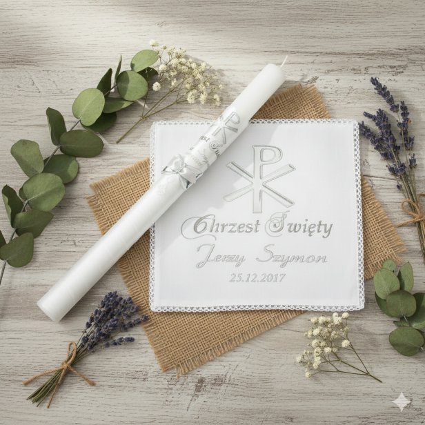 Świeca i Szatka CHRYSTOGRAM ☧ Światło Wiary – Srebrna Siła Wiary