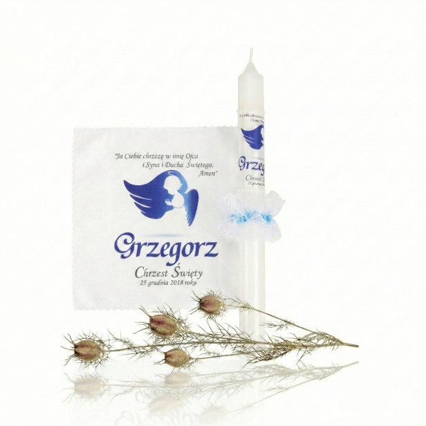 Świeca i Szatka do Chrztu z Imieniem – ozdobny zestaw MGIEŁKA (chusta)