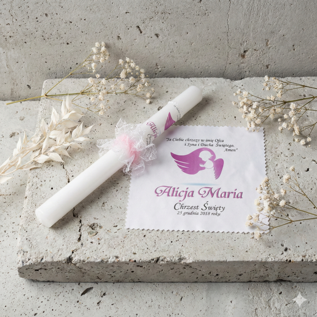 różowy - Świeca i Szatka do Chrztu z Imieniem – ozdobny zestaw MGIEŁKA (chusta)