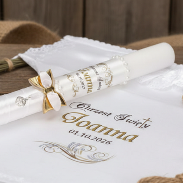 Świeca i Szatka do Chrztu „Gold Vintage” – styl złoty