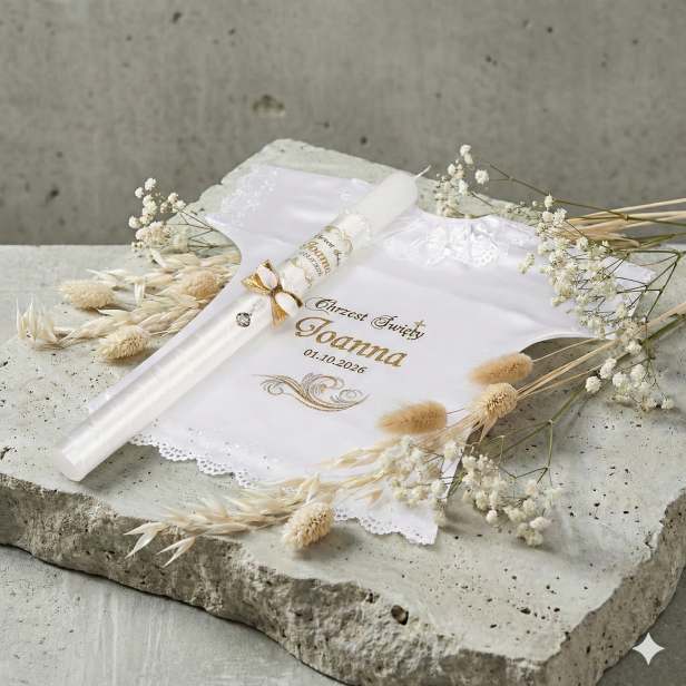 Świeca i Szatka do Chrztu „Gold Vintage” – styl złoty