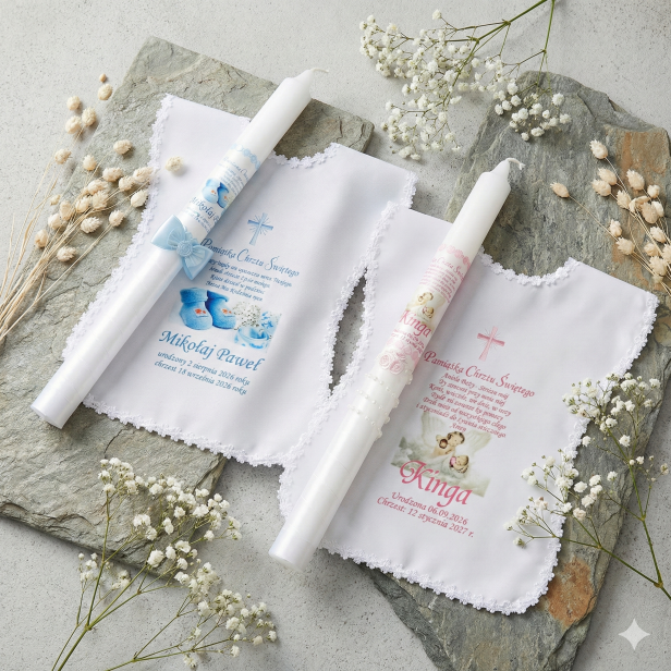 Biało Niebieski i Biało Różowy zestaw do Chrztu Świętego (koszulka)