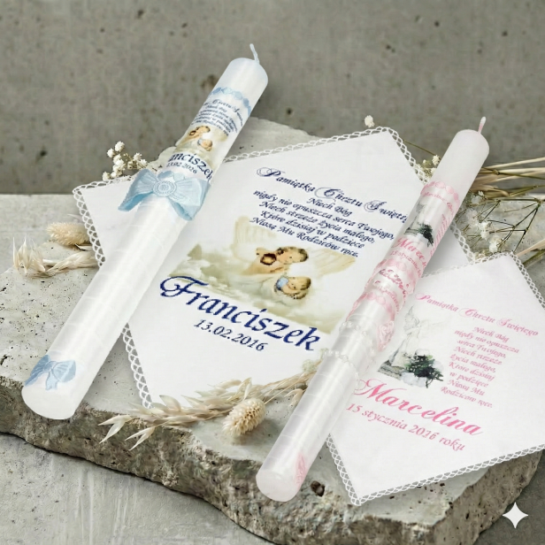 zdobienie BIAŁO-NIEBIESKIE oraz BIAŁO-RÓŻOWE - Świeca i Szatka do Chrztu „Słowo Wiary” – duży druk z modlitwą