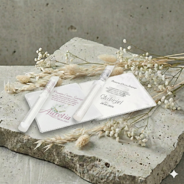 zdobienie BIAŁY KOKARDA i BIAŁE PEREŁKI - Świeca i Szatka do Chrztu „Słowo Wiary” – duży druk z modlitwą