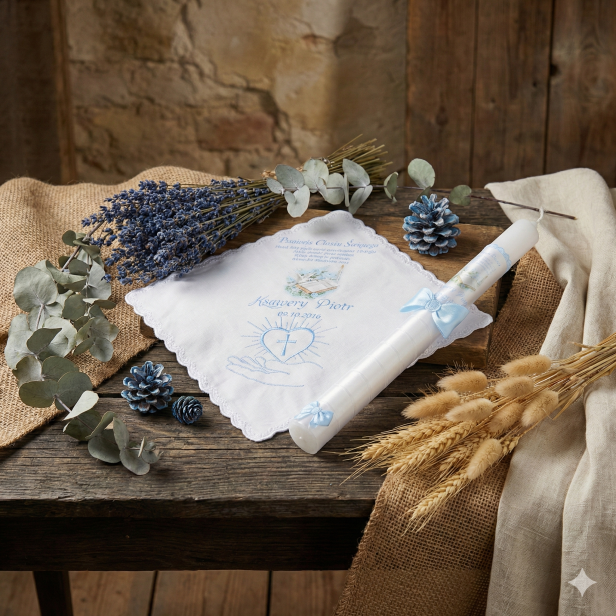 Świeca i Szatka do Chrztu „Serce na Dłoni” lub „Duch Święty” – zestaw z haftem i modlitwą