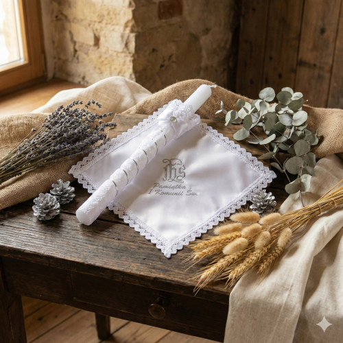 Srebrny zestaw komunijny z koronki bawełnianej – świeca i chusteczka