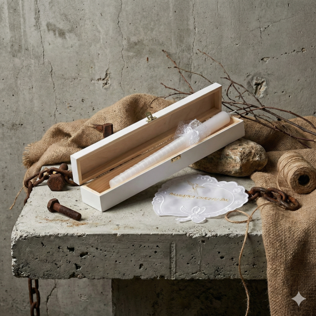 Zestaw na Chrzest Święty BIEL z grawerowanym pudełkiem – świeca i szatka