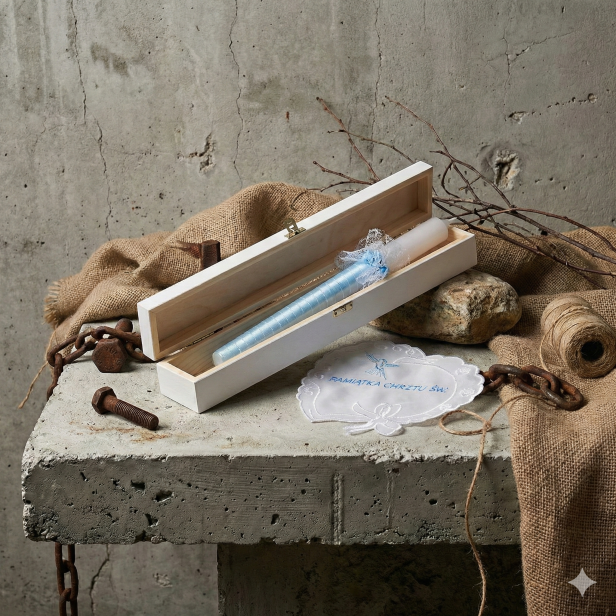 Zestaw na Chrzest Święty BŁĘKIT z grawerowanym pudełkiem – świeca i szatka