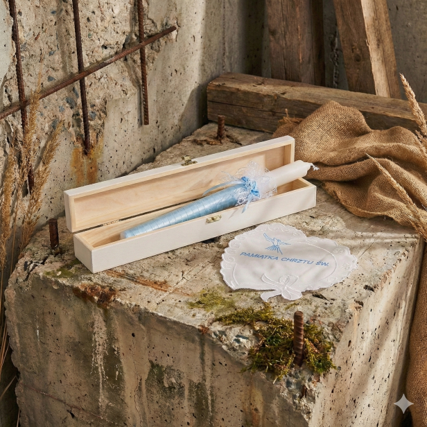 Zestaw na Chrzest Święty BŁĘKIT z grawerowanym pudełkiem – świeca i szatka