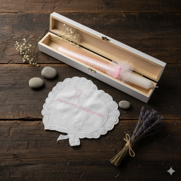 Zestaw na Chrzest Święty RÓŻOWY z grawerowanym pudełkiem – świeca i szatka