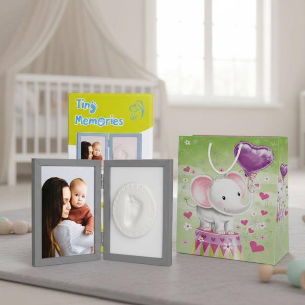 Zestaw TINY MEMORIES - odcisk z ramką +torebka - Narodziny Urodziny Chrzest