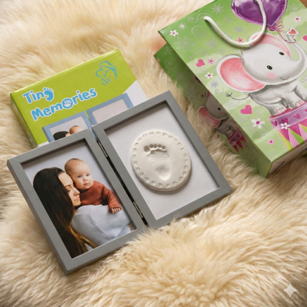 Zestaw TINY MEMORIES - odcisk z ramką +torebka - Narodziny Urodziny Chrzest
