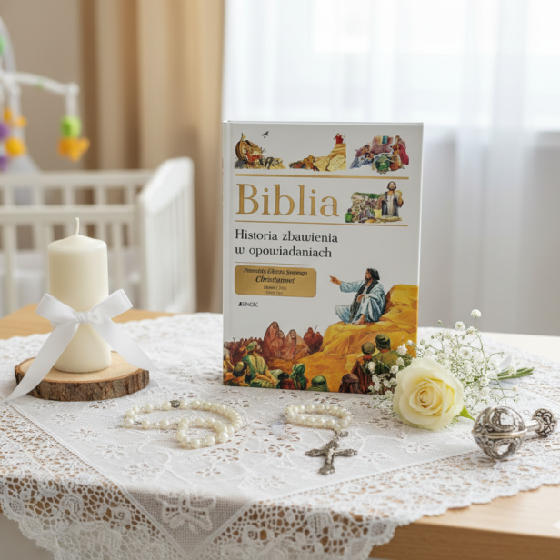 aranżacja  Biblia dla dzieci w etui z grawerem – Historia zbawienia w opowiadaniach | Pamiątka i prezent religijny