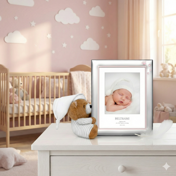 Ramka srebrna AG999 z misiem maskotką, różowa – | ARGENTO KIDS™