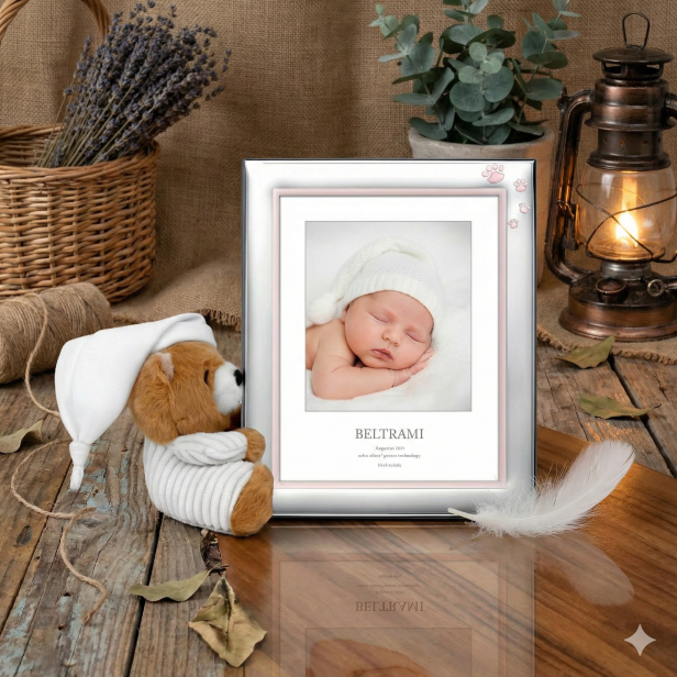 Ramka srebrna AG999 z misiem maskotką, różowa – | ARGENTO KIDS™