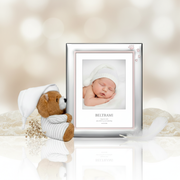 Ramka srebrna AG999 z misiem maskotką, różowa – | ARGENTO KIDS™