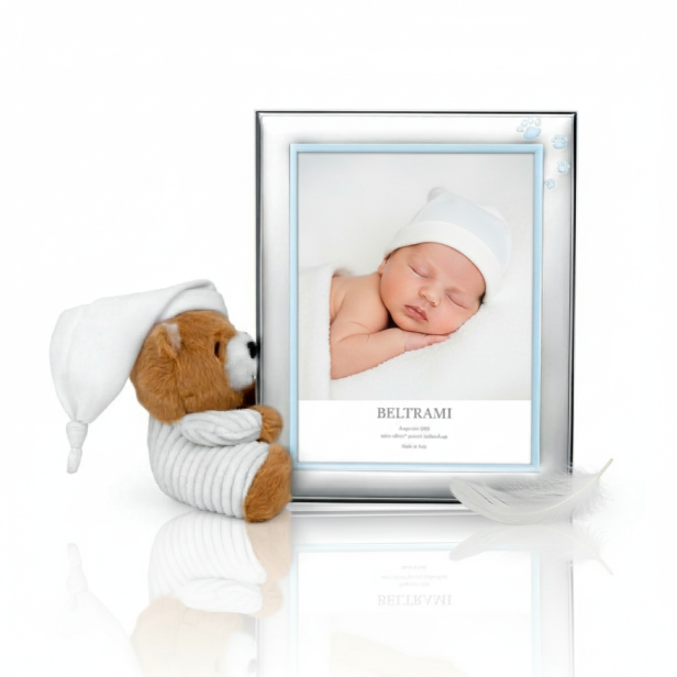 Ramka srebrna AG999 z misiem maskotką, niebieska – | ARGENTO KIDS™