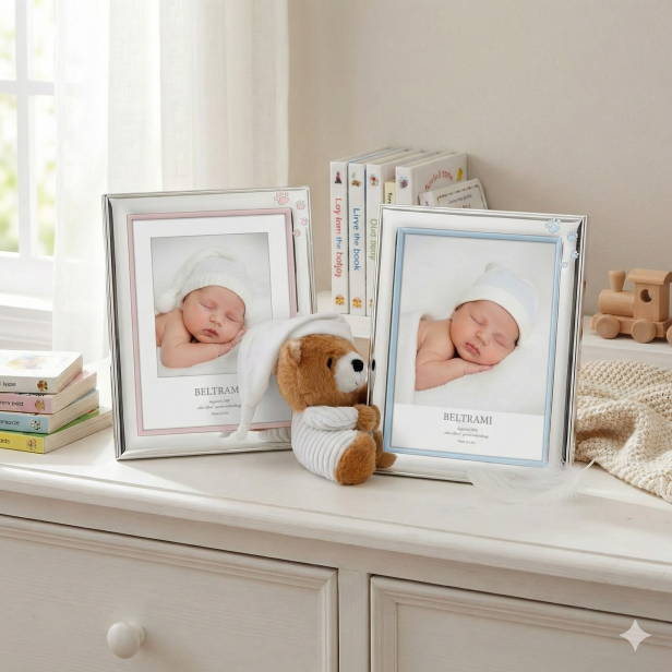 Ramka srebrna AG999 z misiem maskotką, niebieska – | ARGENTO KIDS™