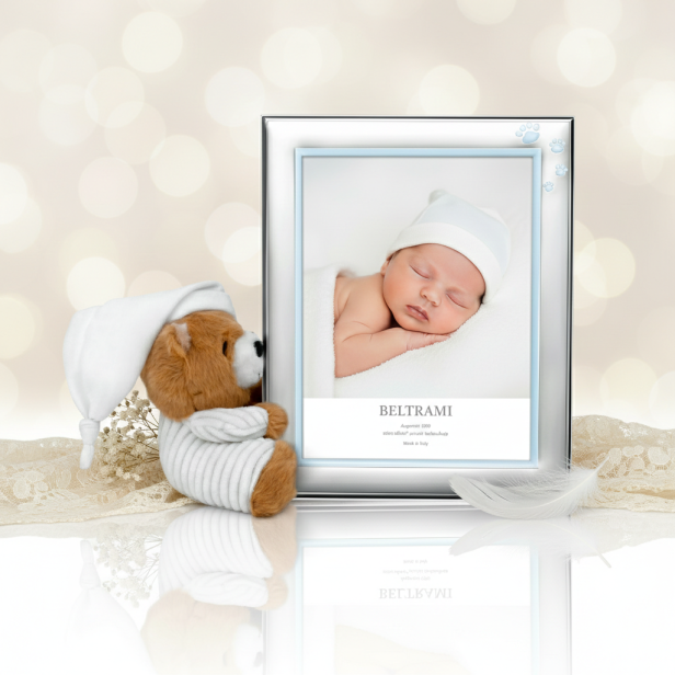 Ramka srebrna AG999 z misiem maskotką, niebieska – | ARGENTO KIDS™