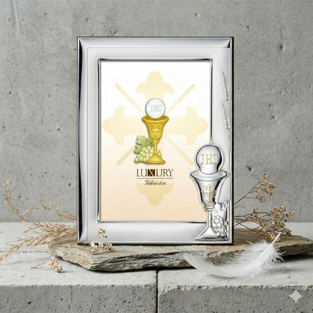 Ramka srebrna AG999 IHS Pamiątka I Komunii Świętej 9×13 | SILVER COMMUNION™