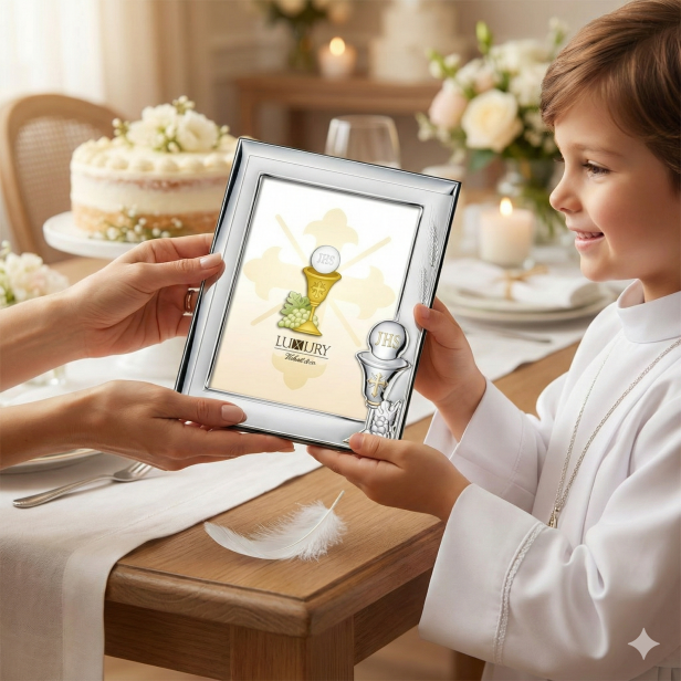 Ramka srebrna AG999 IHS Pamiątka I Komunii Świętej 9×13 | SILVER COMMUNION™