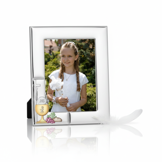 Ramka srebrna AG999 z kielichem eucharystycznym i Hostią IHS 13×18 – | SILVER COMMUNION™