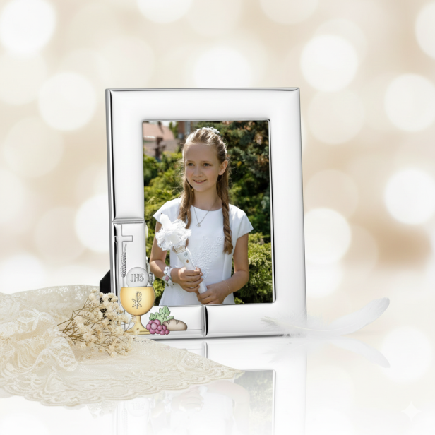 Ramka srebrna AG999 z kielichem eucharystycznym i Hostią IHS 13×18 – | SILVER COMMUNION™