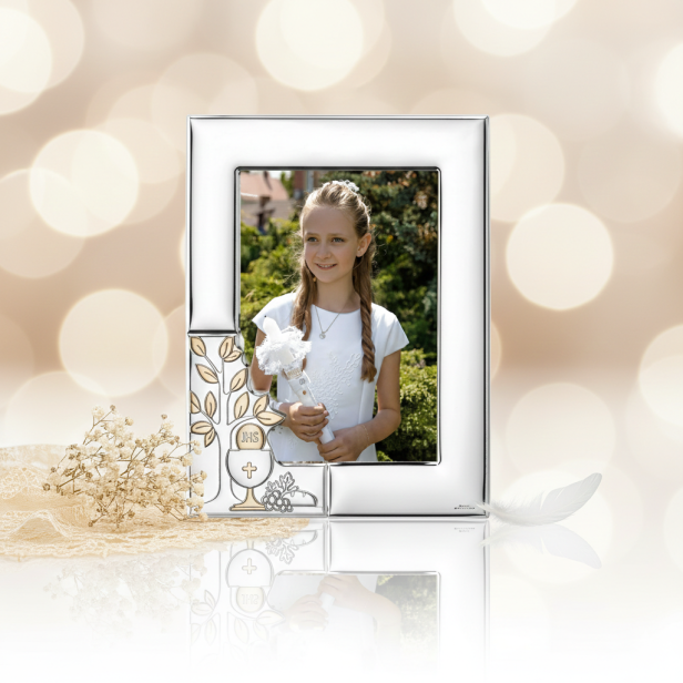 Ramka srebrna AG999 z Hostią IHS i motywem gałązek 13×18 – | SILVER COMMUNION™