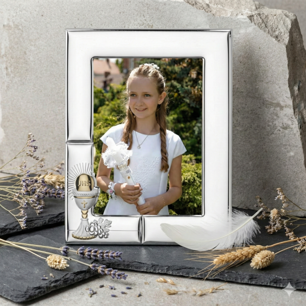 Ramka srebrna AG999 z Hostią IHS w promieniach 13×18 – | SILVER COMMUNION™