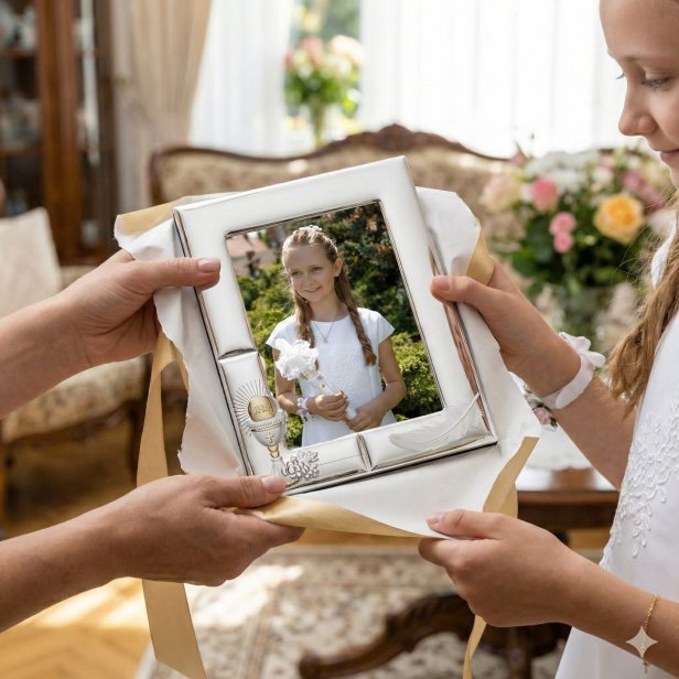 Ramka srebrna AG999 z Hostią IHS w promieniach 13×18 – | SILVER COMMUNION™