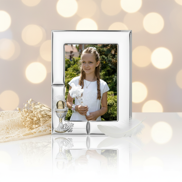 Ramka srebrna AG999 z Hostią IHS w promieniach 13×18 – | SILVER COMMUNION™