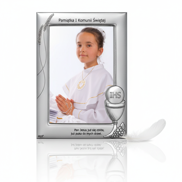 Ramka srebrna AG999 z Hostią IHS – Pierwsza Komunia Święta 10×15 | SILVER COMMUNION™
