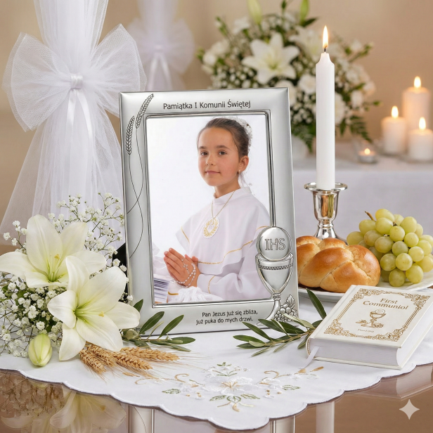 Ramka srebrna AG999 z Hostią IHS – Pierwsza Komunia Święta 10×15 | SILVER COMMUNION™
