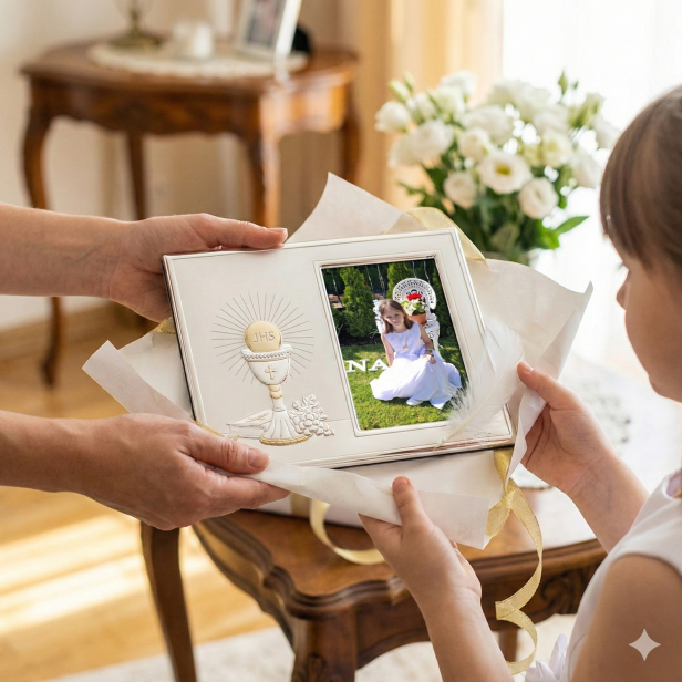 Ramka srebrna AG999 z Hostią IHS, Biblią i winoroślą 10×15 | SILVER COMMUNION™