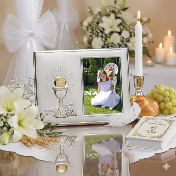 Ramka srebrna AG999 z Hostią IHS, Biblią i winoroślą 10×15 | SILVER COMMUNION™.png