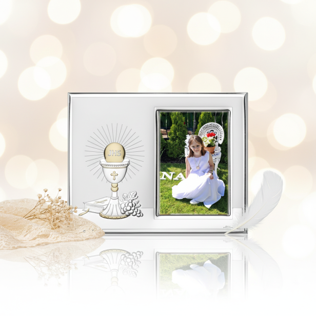 Ramka srebrna AG999 z Hostią IHS, Biblią i winoroślą 10×15 | SILVER COMMUNION™