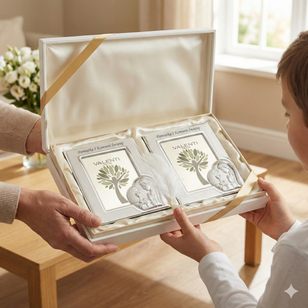 Srebrna ramka komunijna na zdjęcie 13x18 z motywem IHS - Pamiątka I Komunii Świętej