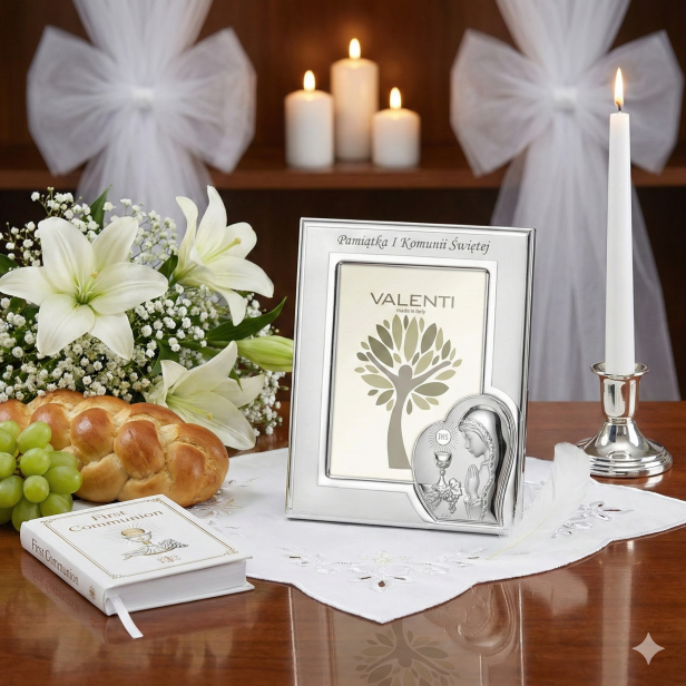 Srebrna ramka komunijna na zdjęcie 13x18 z motywem IHS - Pamiątka I Komunii Świętej