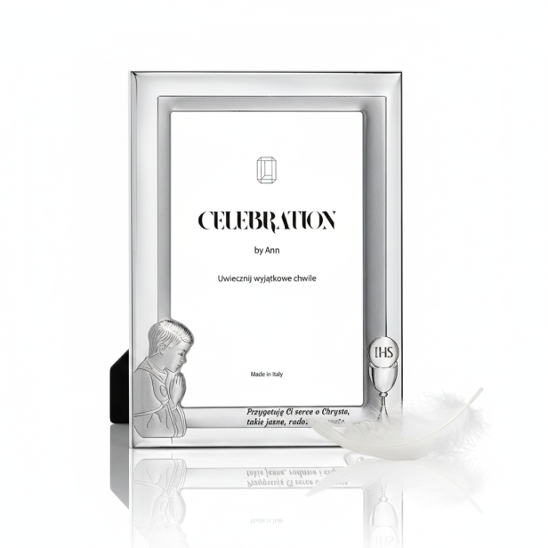 Ramka srebrna AG999 z wizerunkiem chłopca – I Komunia Święta 10×15 | SILVER COMMUNION™
