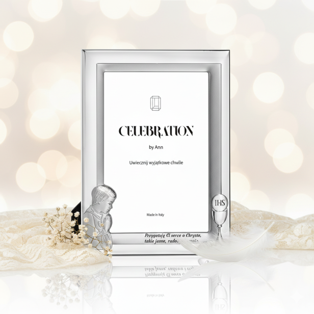 Ramka srebrna AG999 z wizerunkiem chłopca – I Komunia Święta 10×15 | SILVER COMMUNION™