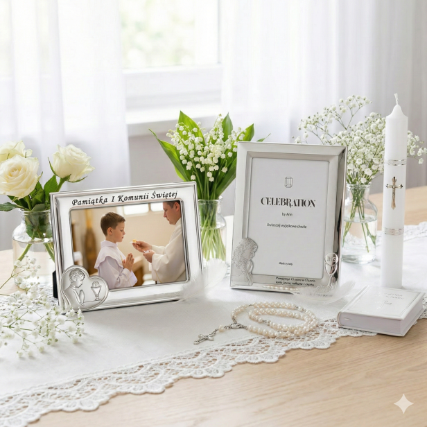 Ramka srebrna AG999 – I Komunia Święta chłopiec 9×13 | SILVER COMMUNION™