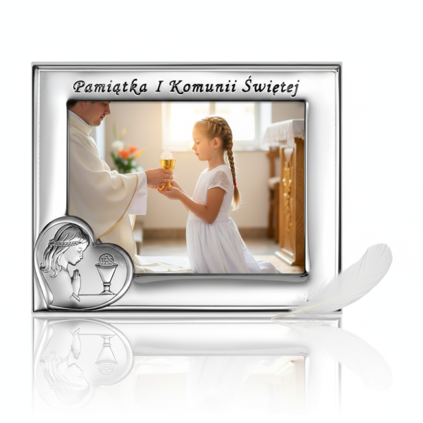 Ramka srebrna AG999 – I Komunia Święta dziewczynka 9×13 | SILVER COMMUNION™