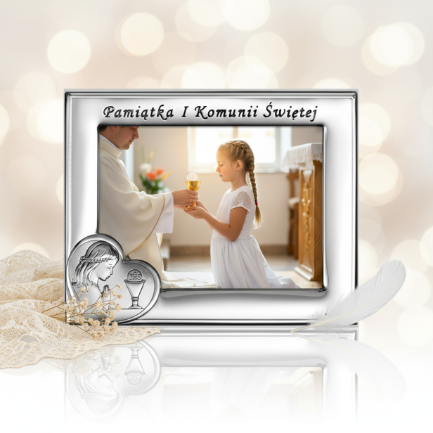 Ramka srebrna AG999 – I Komunia Święta dziewczynka 9×13 | SILVER COMMUNION™